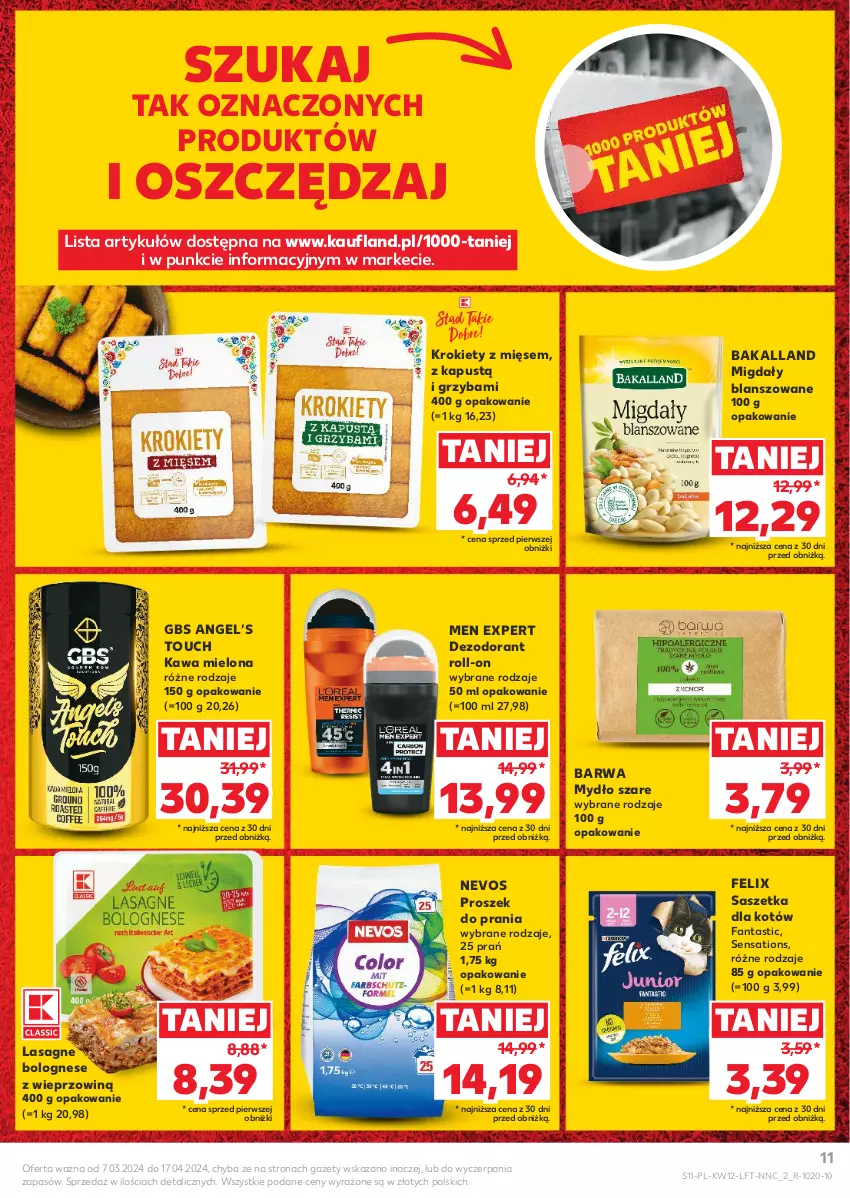 Gazetka promocyjna Kaufland - Gazetka tygodnia - ważna 21.03 do 26.03.2024 - strona 11 - produkty: Bakalland, Dezodorant, Fa, Fanta, Felix, Kapustą, Kawa, Kawa mielona, Krokiety, Lasagne, Lasagne bolognese, Migdały, Mydło, Proszek do prania, Sati