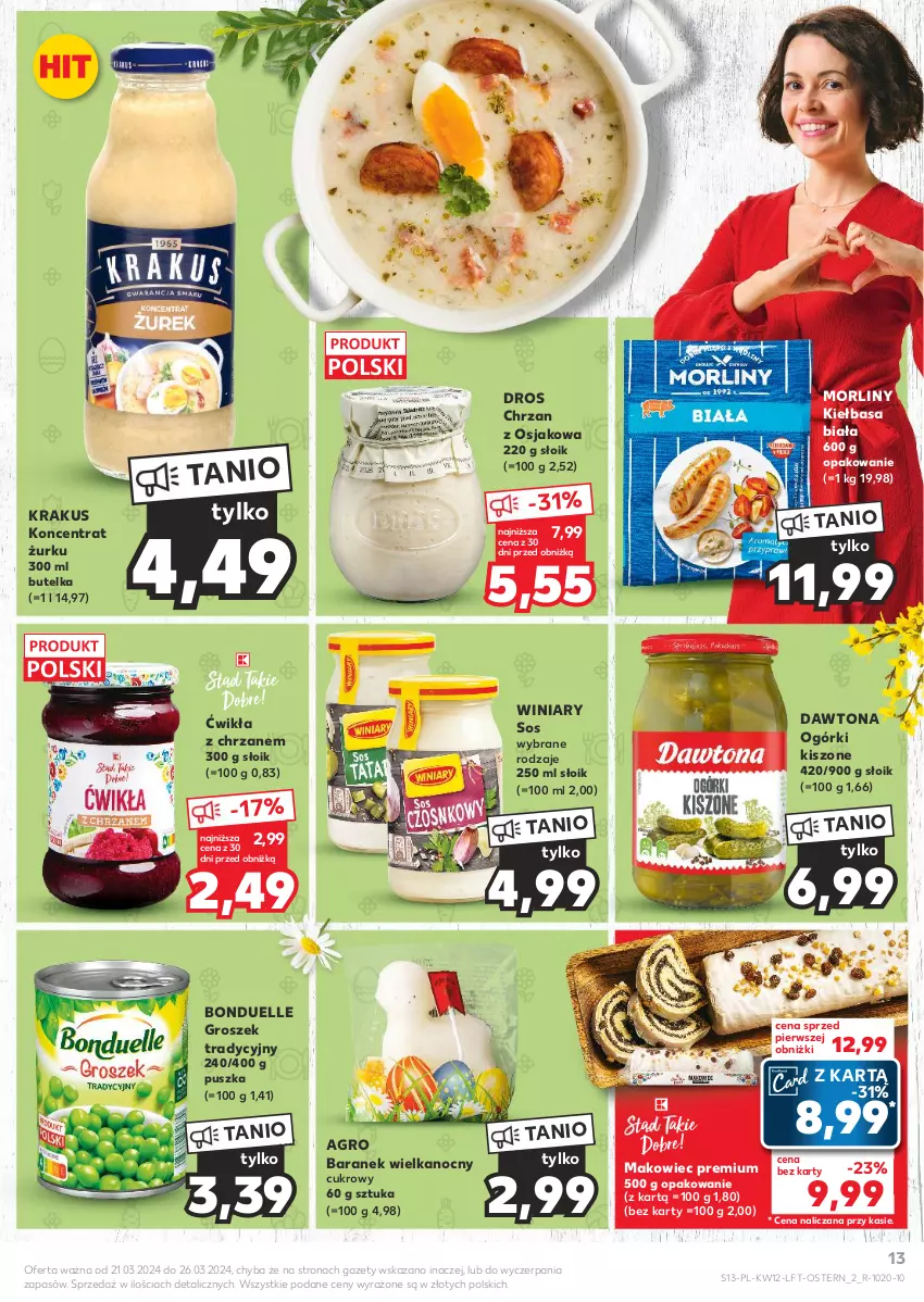 Gazetka promocyjna Kaufland - Gazetka tygodnia - ważna 21.03 do 26.03.2024 - strona 13 - produkty: Bonduelle, Chrzan, Dawtona, Groszek, Kiełbasa, Kiełbasa biała, Krakus, Makowiec, Morliny, Sos, Winiary