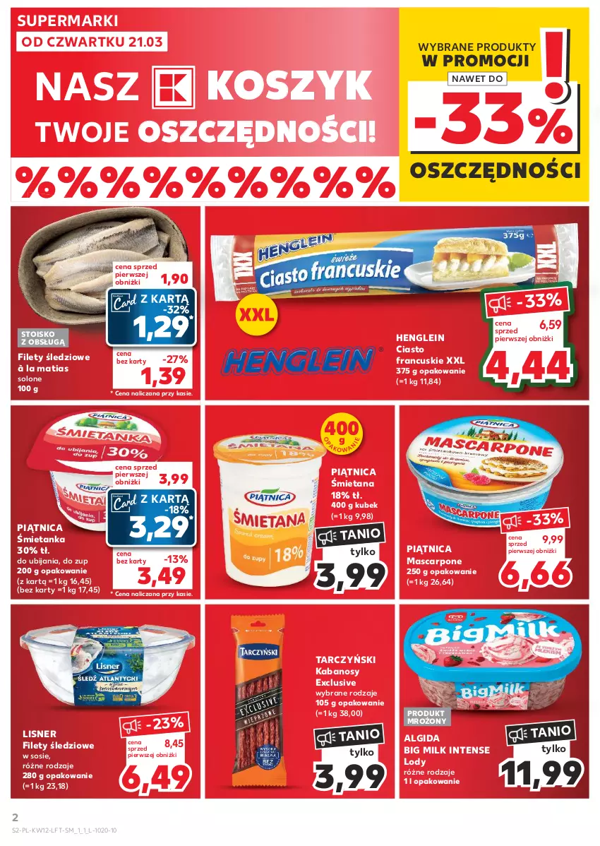 Gazetka promocyjna Kaufland - Gazetka tygodnia - ważna 21.03 do 26.03.2024 - strona 2 - produkty: Algida, Big Milk, Ciasto francuskie, Kabanos, Kosz, Kubek, LG, Lisner, Lody, Mascarpone, Piątnica, Sos, Tarczyński