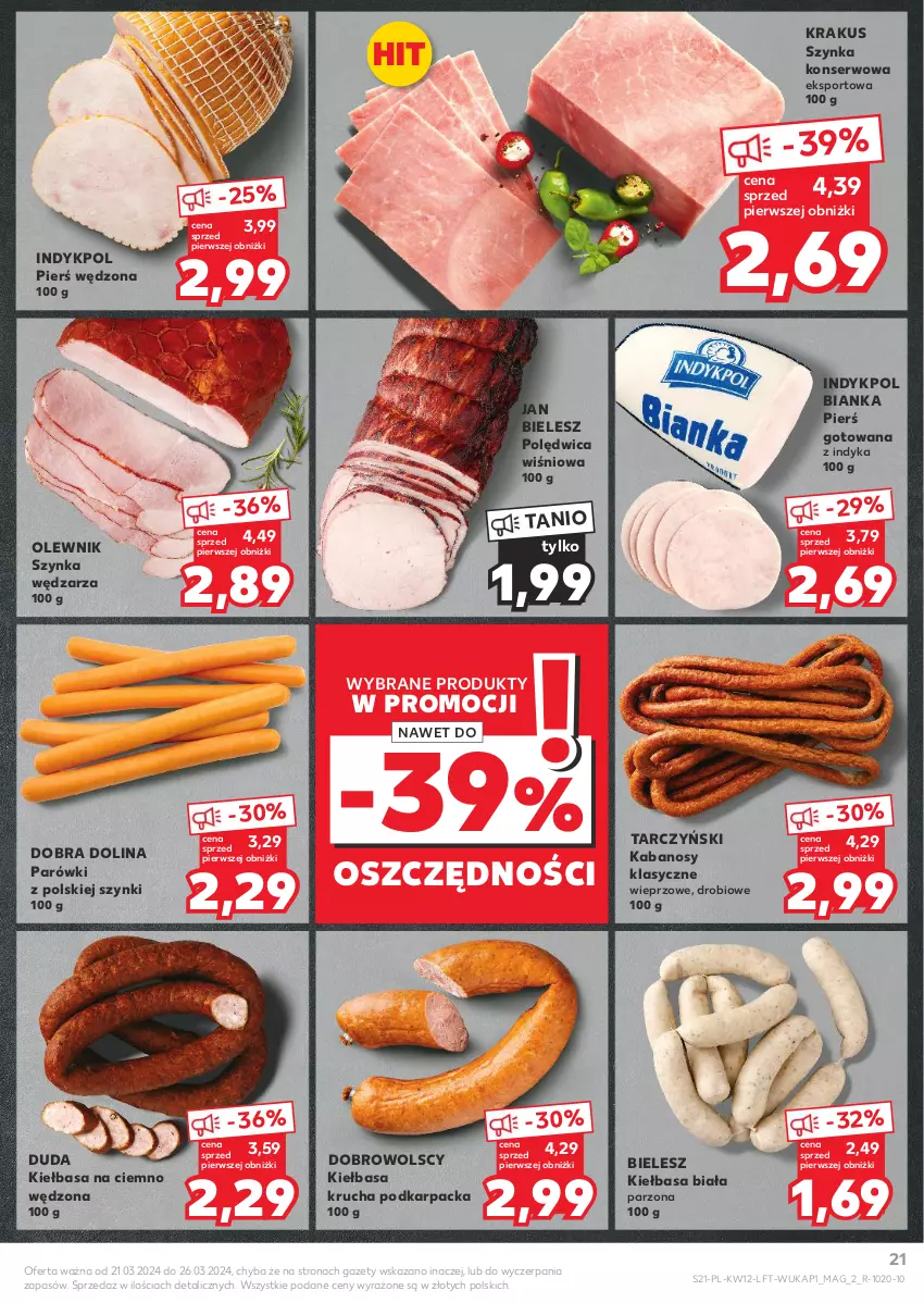 Gazetka promocyjna Kaufland - Gazetka tygodnia - ważna 21.03 do 26.03.2024 - strona 21 - produkty: Bianka, Duda, Kabanos, Karp, Kiełbasa, Kiełbasa biała, Kiełbasa krucha, Krakus, Olewnik, Parówki, Polędwica, Por, Ser, Sport, Szynka, Szynka konserwowa, Tarczyński