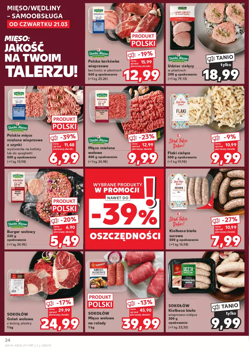 Gazetka promocyjna Kaufland - Gazetka tygodnia - ważna 21.03 do 26.03.2024 - strona 24 - produkty: Burger, Flaki, Karkówka wieprzowa, Kiełbasa, Kiełbasa biała, Kotlet, Mięso, Mięso mielone, Mięso wołowe, Sok, Sokołów, Spaghetti, Talerz, Udziec cielęcy