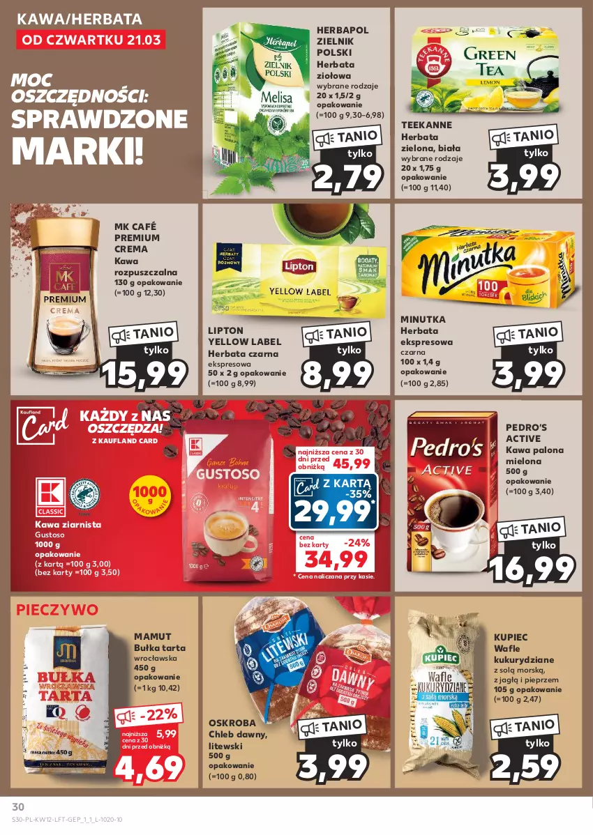 Gazetka promocyjna Kaufland - Gazetka tygodnia - ważna 21.03 do 26.03.2024 - strona 30 - produkty: Bułka, Bułka tarta, Chleb, Herbapol, Herbata, Herbata czarna, Kawa, Kawa rozpuszczalna, Kawa ziarnista, Kupiec, Lipton, Piec, Pieczywo, Pieprz, Tarta, Teekanne, Wafle