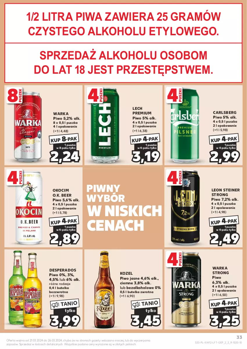 Gazetka promocyjna Kaufland - Gazetka tygodnia - ważna 21.03 do 26.03.2024 - strona 33 - produkty: Carlsberg, Desperados, Gra, Koc, Kozel, Lech Premium, Leon, Okocim, Piwa, Piwo, Piwo jasne, Warka