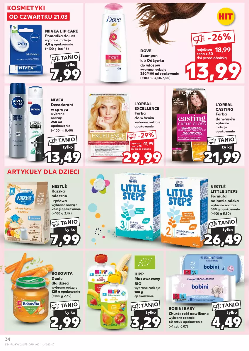 Gazetka promocyjna Kaufland - Gazetka tygodnia - ważna 21.03 do 26.03.2024 - strona 34 - produkty: BoboVita, Chusteczki, Danie dla dzieci, Dezodorant, Dove, Dzieci, Fa, Farba do włosów, HiPP, Mus, Nestlé, Nivea, Odżywka, Ryż, Szampon