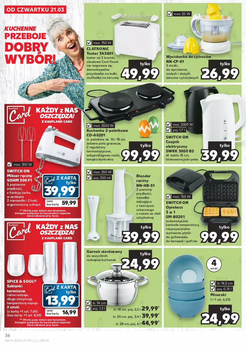 Gazetka promocyjna Kaufland - Gazetka tygodnia - ważna 21.03 do 26.03.2024 - strona 36 - produkty: Blender, Blender ręczny, Czajnik, Czajnik elektryczny, Garnek, Grill, Lanki, Mikser, Mikser ręczny, Noż, Ser, Termos, Toster, Wyciskarka