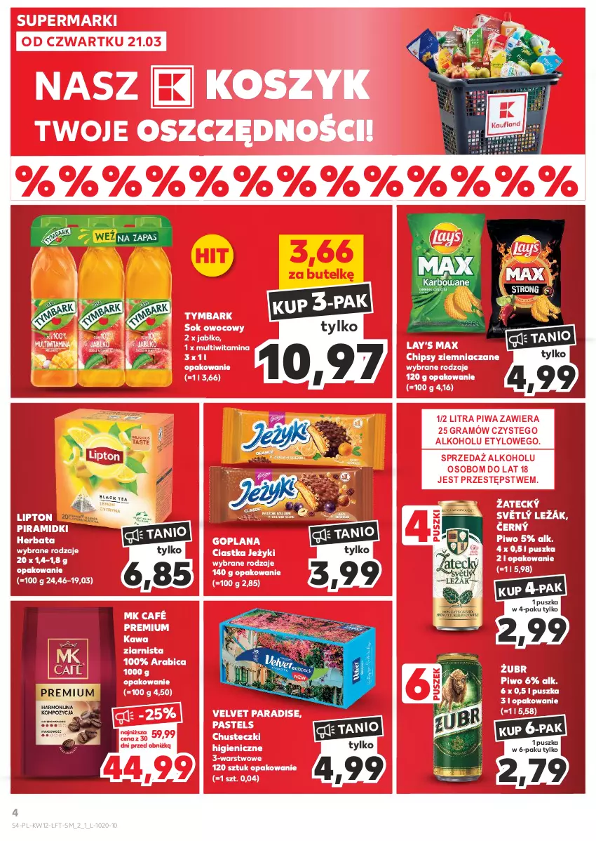 Gazetka promocyjna Kaufland - Gazetka tygodnia - ważna 21.03 do 26.03.2024 - strona 4 - produkty: BIC, Chipsy, Chusteczki, Ciastka, Goplana, Gra, Herbata, Jeżyki, Kawa, Kawa ziarnista, Kosz, LANA, Lay’s, Lipton, Piwa, Piwo, Sok, Tymbark, Velvet