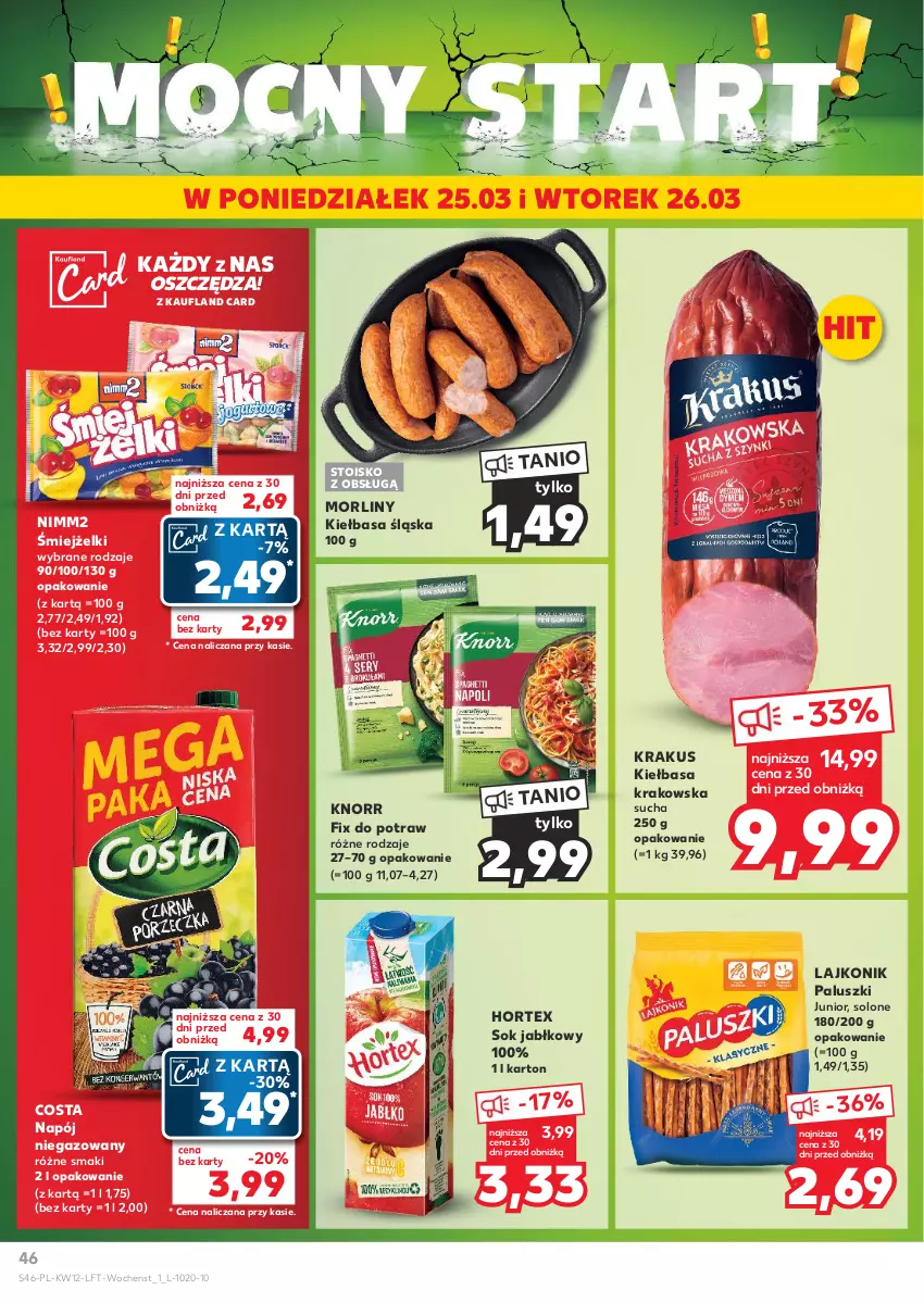 Gazetka promocyjna Kaufland - Gazetka tygodnia - ważna 21.03 do 26.03.2024 - strona 46 - produkty: Hortex, Kiełbasa, Kiełbasa krakowska, Kiełbasa śląska, Knorr, Krakus, Lajkonik, Morliny, Napój, Napój niegazowany, Nimm2, Sok, Sok jabłkowy