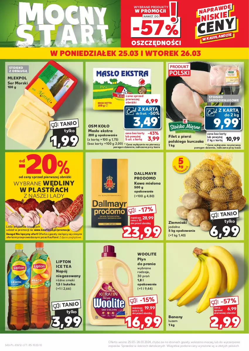 Gazetka promocyjna Kaufland - Gazetka tygodnia - ważna 21.03 do 26.03.2024 - strona 48 - produkty: Banany, Dallmayr, Ice tea, Kawa, Kawa mielona, Kurczak, Lipton, Masło, Napój, Napój niegazowany, Płyn do prania, Ser, Waga, Woolite, Ziemniaki