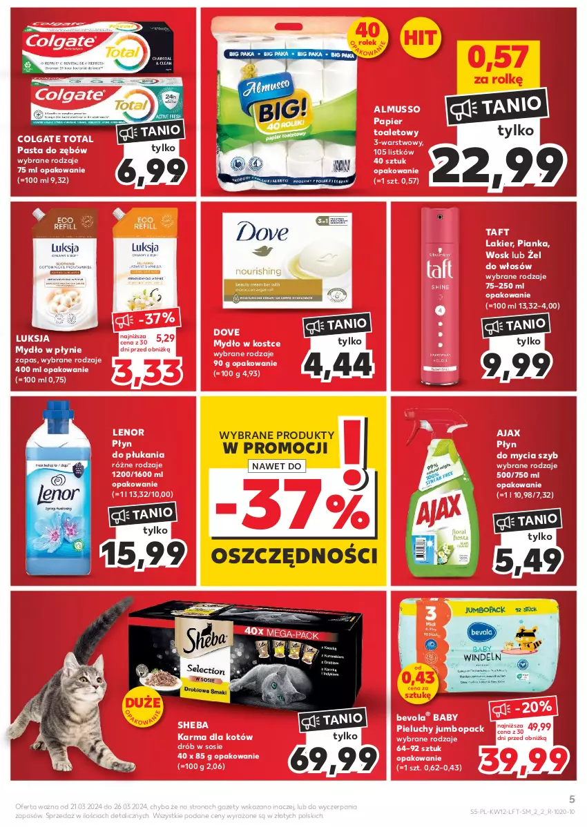 Gazetka promocyjna Kaufland - Gazetka tygodnia - ważna 21.03 do 26.03.2024 - strona 5 - produkty: Ajax, Colgate, Colgate Total, Dove, Drób, Lakier, Lenor, LG, Luksja, Mus, Mydło, Mydło w płynie, Papier, Papier toaletowy, Pasta do zębów, Pieluchy, Płyn do mycia, Płyn do płukania, Sheba, Sos, Taft