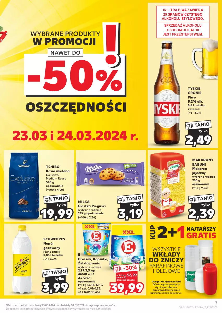 Gazetka promocyjna Kaufland - Gazetka tygodnia - ważna 21.03 do 26.03.2024 - strona 7 - produkty: Babuni, Ciastka, Gra, Kawa, Kawa mielona, Makaron, Milka, Napój, Napój gazowany, Olej, Piwa, Piwo, Schweppes, Tchibo, Tyskie, Waga, Znicz