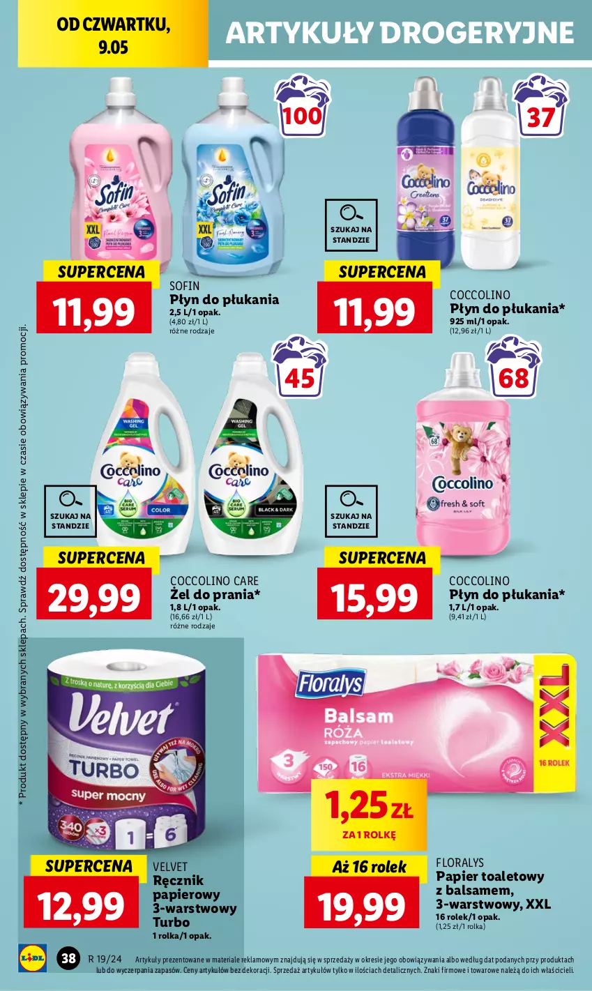 Gazetka promocyjna Lidl - GAZETKA - ważna 09.05 do 11.05.2024 - strona 46 - produkty: Coccolino, Flora, Papier, Papier toaletowy, Płyn do płukania, Ręcznik, Velvet