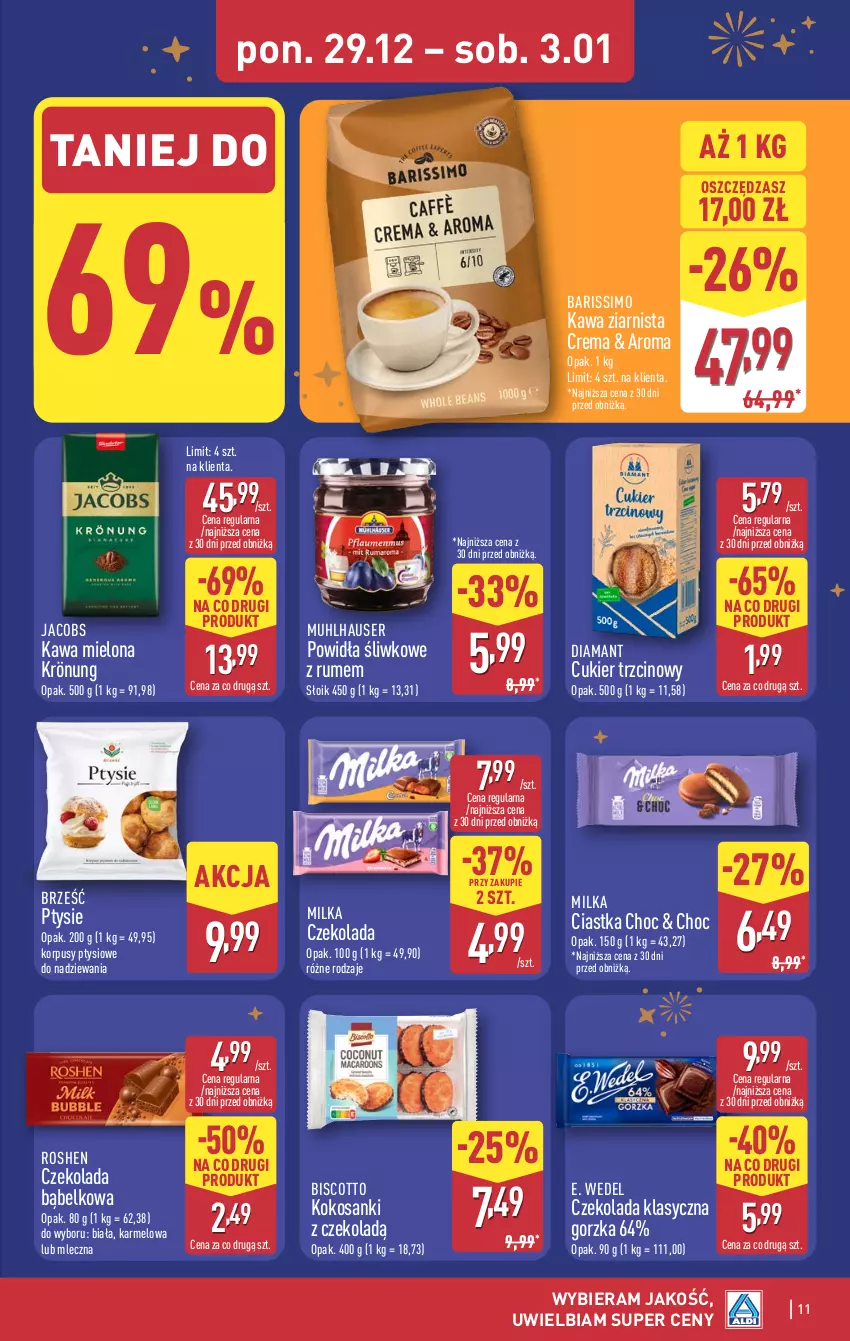 Gazetka promocyjna Aldi - Pełna oferta - ważna 29.12.2025 do 03.01.2026 - strona 11 - produkty: Ciastka, Cukier, Cukier trzcinowy, Czekolada, Diamant, E. Wedel, Jacobs, Kawa, Kawa mielona, Kawa ziarnista, Kokos, Korpusy, Milka, Rum, Sanki, Ser