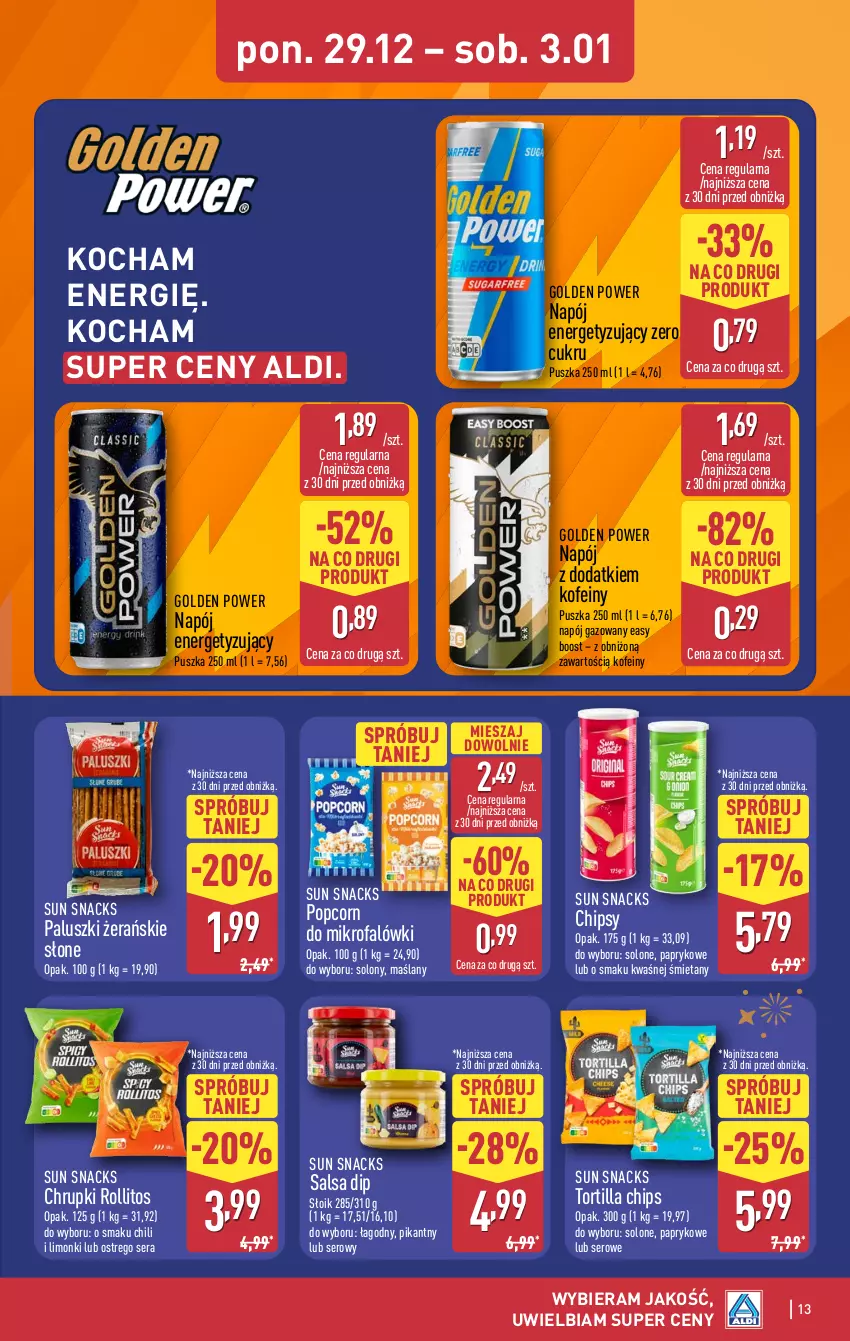 Gazetka promocyjna Aldi - Pełna oferta - ważna 29.12.2025 do 03.01.2026 - strona 13 - produkty: Chipsy, Chrupki, Fa, Koc, Napój, Napój gazowany, Popcorn, Salsa, Ser, Tortilla, Tortilla Chips