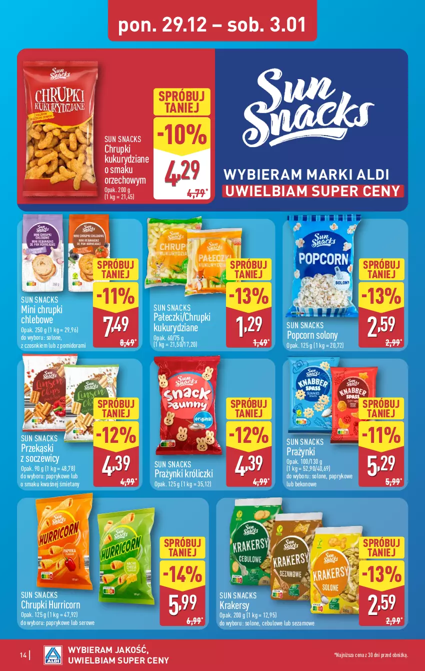 Gazetka promocyjna Aldi - Pełna oferta - ważna 29.12.2025 do 03.01.2026 - strona 14 - produkty: Beko, Chleb, Chrupki, Chrupki chlebowe, Krakersy, Popcorn, Ser, Sezam