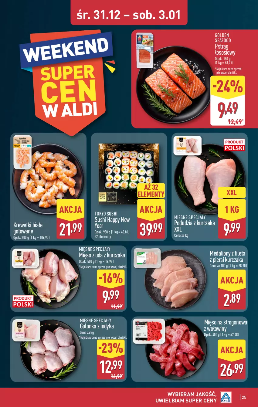 Gazetka promocyjna Aldi - Pełna oferta - ważna 29.12.2025 do 03.01.2026 - strona 25 - produkty: Golden Seafood, Golonka z indyka, Krewetki, Kurczak, Lion, Mięsne specjały, Mięso, Pstrąg, Pstrąg łososiowy, Sos, Sushi