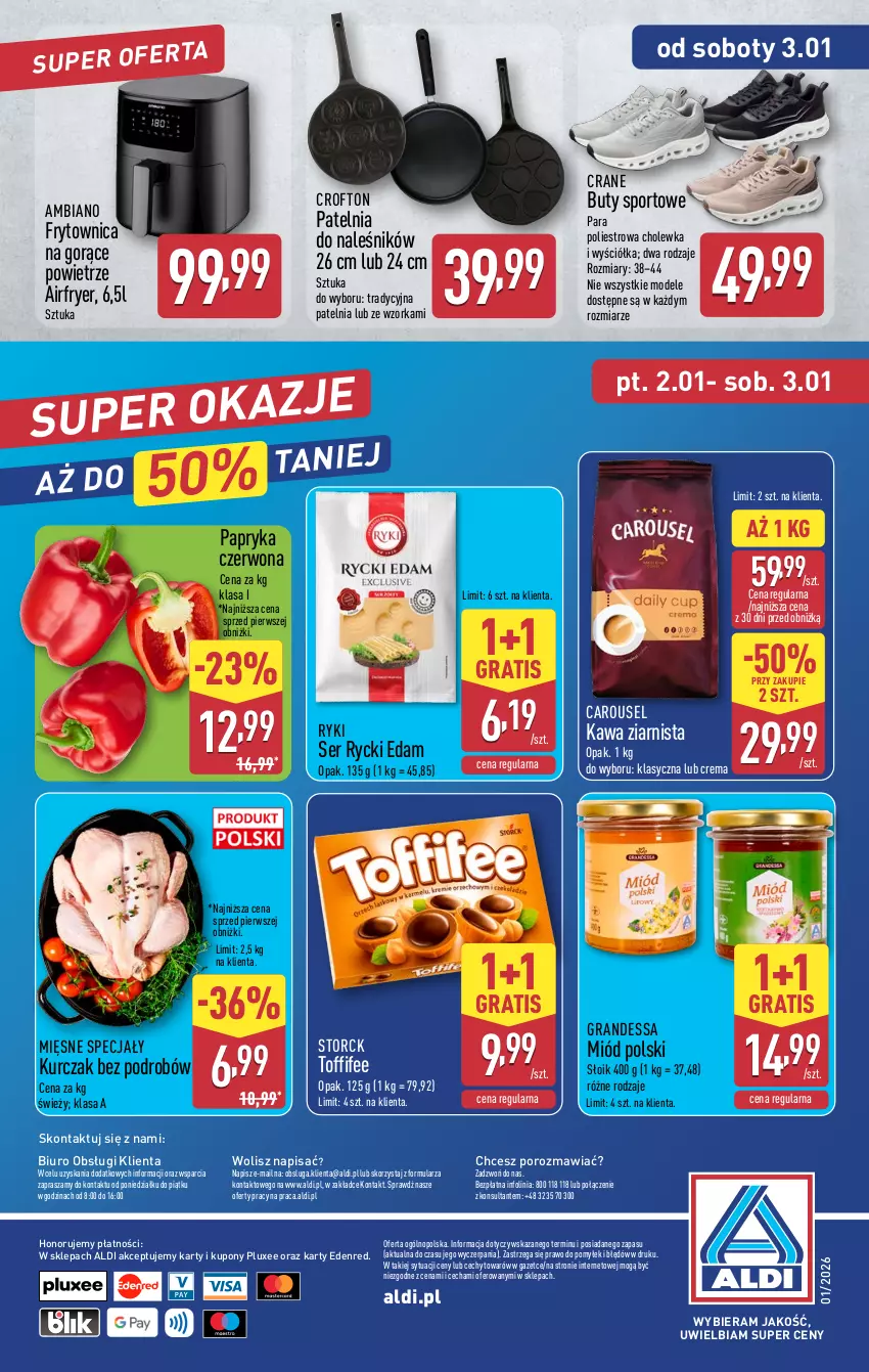 Gazetka promocyjna Aldi - Pełna oferta - ważna 29.12.2025 do 03.01.2026 - strona 32 - produkty: Biuro, Buty, Edam, Gra, Kawa, Kawa ziarnista, Kurczak, Mięsne specjały, Miód, O nas, Orka, Papryka, Papryka czerwona, Patelnia, Por, Rycki Edam, Ser, Sport, Toffifee