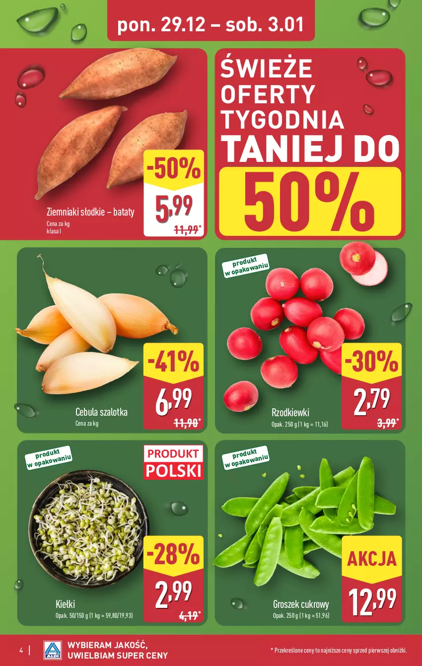 Gazetka promocyjna Aldi - Pełna oferta - ważna 29.12.2025 do 03.01.2026 - strona 4 - produkty: Cebula, Cebula szalotka, Groszek, Kiełki, Szal, Ziemniaki