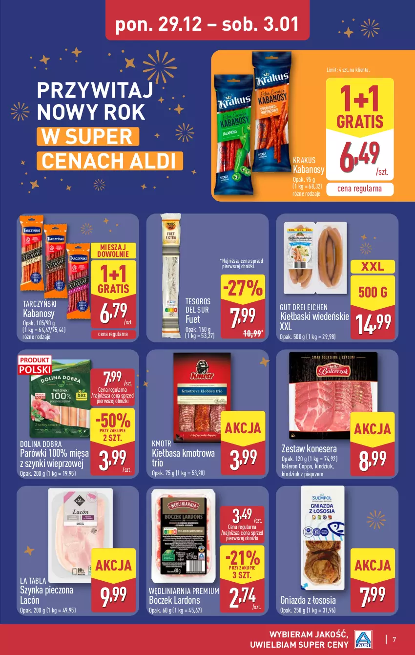 Gazetka promocyjna Aldi - Pełna oferta - ważna 29.12.2025 do 03.01.2026 - strona 7 - produkty: Boczek, Gra, Kabanos, Kiełbasa, Kindziuk, Krakus, Parówki, Piec, Pieprz, Ser, Sos, Szynka, Tarczyński