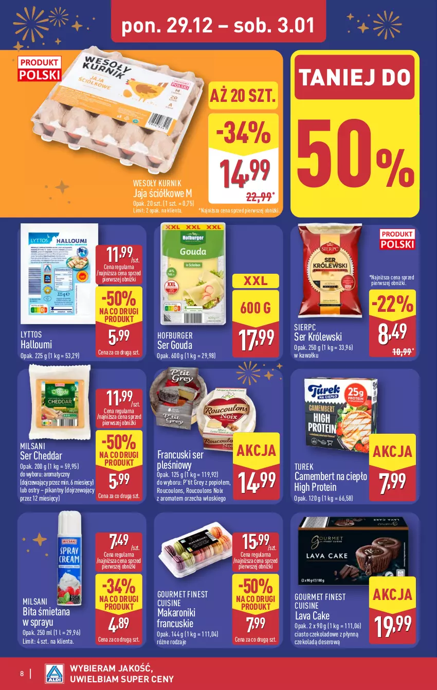Gazetka promocyjna Aldi - Pełna oferta - ważna 29.12.2025 do 03.01.2026 - strona 8 - produkty: Burger, Camembert, Cheddar, Ciasto czekoladowe, Deser, Gouda, Hofburger, Jaja, Kawa, Królewski, Makaron, Ser, Ser pleśniowy