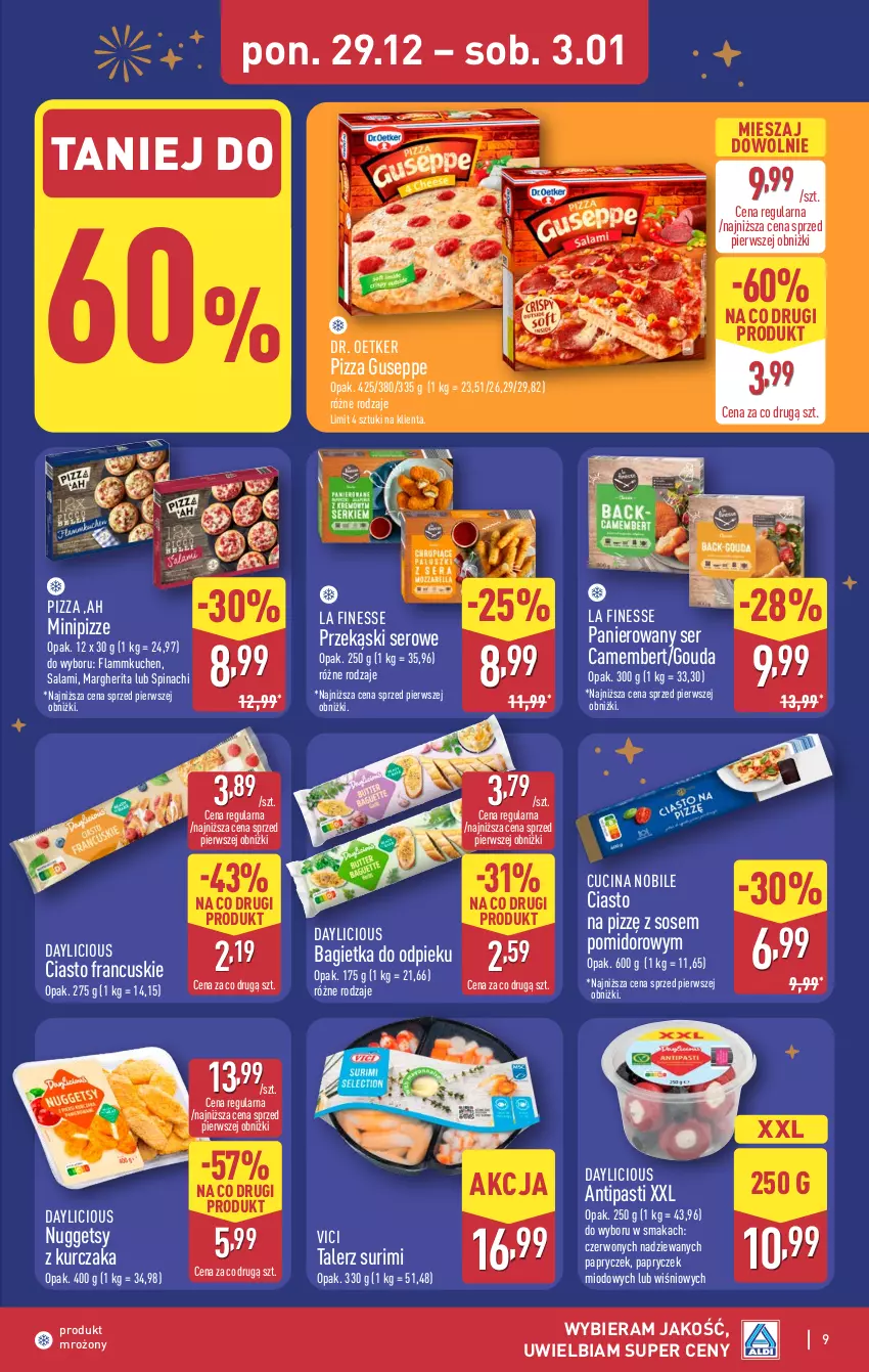 Gazetka promocyjna Aldi - Pełna oferta - ważna 29.12.2025 do 03.01.2026 - strona 9 - produkty: Bagietka, Camembert, Ciasto francuskie, Dr. Oetker, Gouda, Kurczak, Pizza, Salami, Ser, Sos, Surimi, Talerz