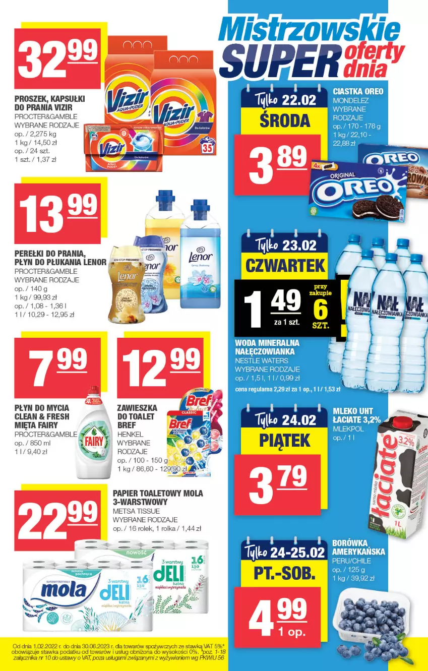 Gazetka promocyjna Spar - EuroSpar - ważna 12.02 do 22.02.2023 - strona 11 - produkty: Bref, Ciastka, Fa, Fairy, Kapsułki do prania, Lenor, Mięta, Mola, Nałęczowianka, Oreo, Papier, Papier toaletowy, Płyn do mycia, Płyn do płukania, Sok, Tera, Vizir, Woda, Woda mineralna