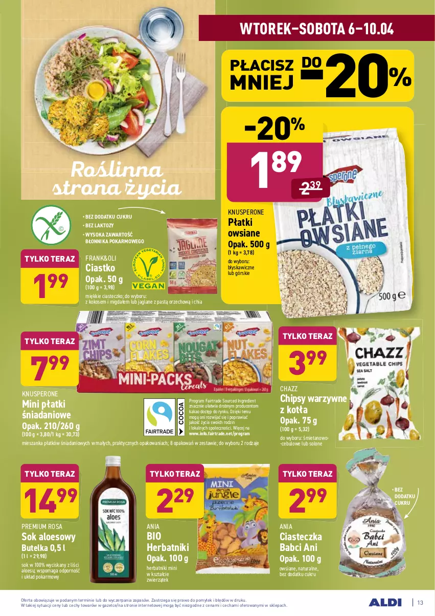 Gazetka promocyjna Aldi - ALE! CENA - ważna 06.04 do 11.04.2021 - strona 13 - produkty: Chia, Chipsy, Danio, Fa, Gra, Herbatniki, Kakao, Kokos, Płatki owsiane, Por, Sok, Tera