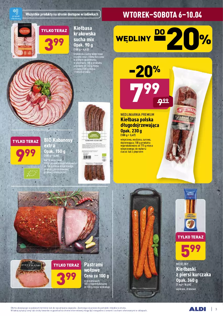 Gazetka promocyjna Aldi - ALE! CENA - ważna 06.04 do 11.04.2021 - strona 3 - produkty: Kabanos, Kiełbasa, Kiełbasa krakowska, Kurczak, Lodówka, Mięso, Mięso wieprzowe, Morliny, Pieprz, Tera