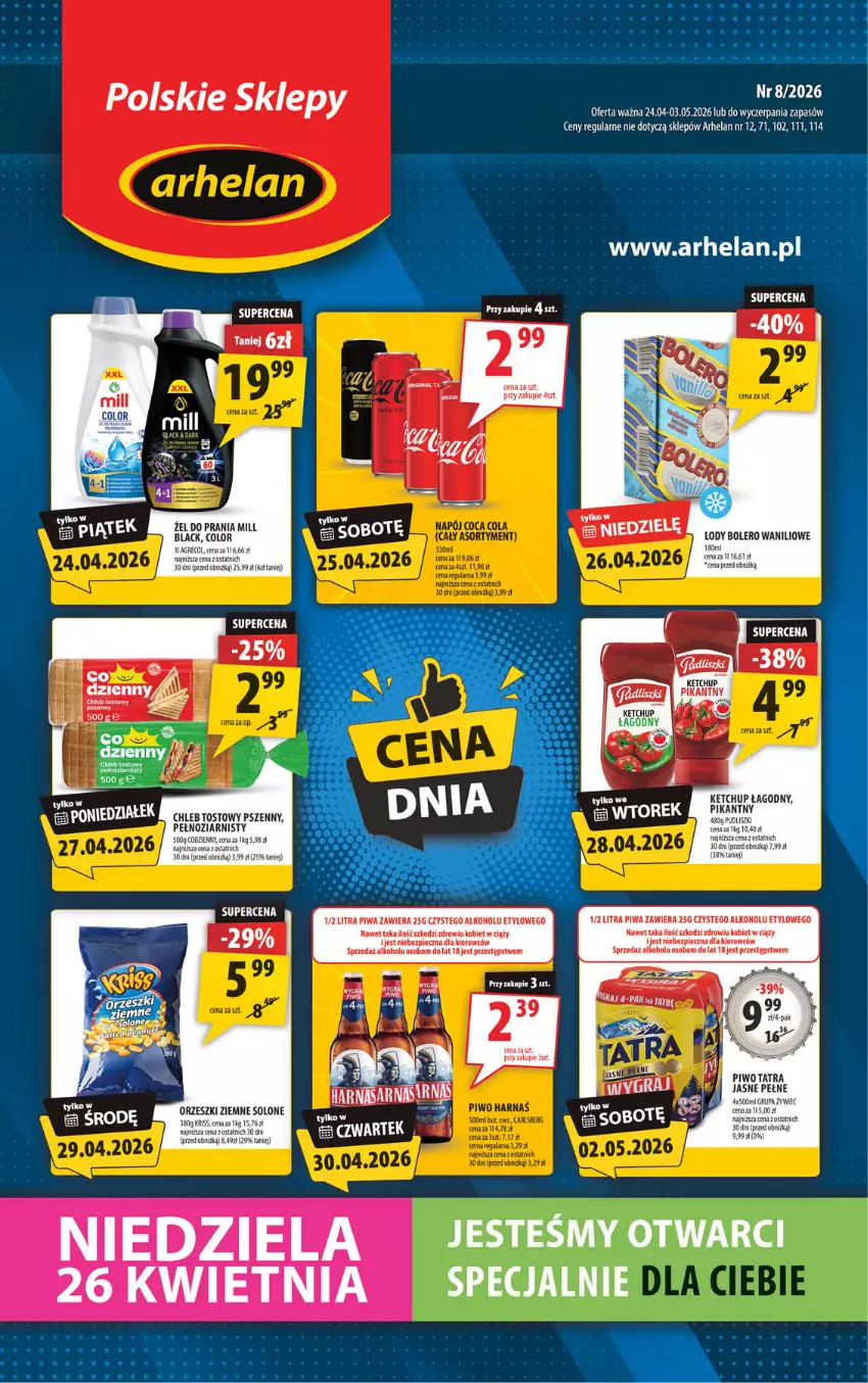Gazetka promocyjna Arhelan - Gazetka - ważna 24.04 do 03.05.2026 - strona 1 - produkty: Chleb, Chleb tostowy, Fa, Ketchup, Lack, Lody, Orzeszki, Orzeszki ziemne, Piec, Piwa, Piwo, Pudliszki, Tatra, Wawel