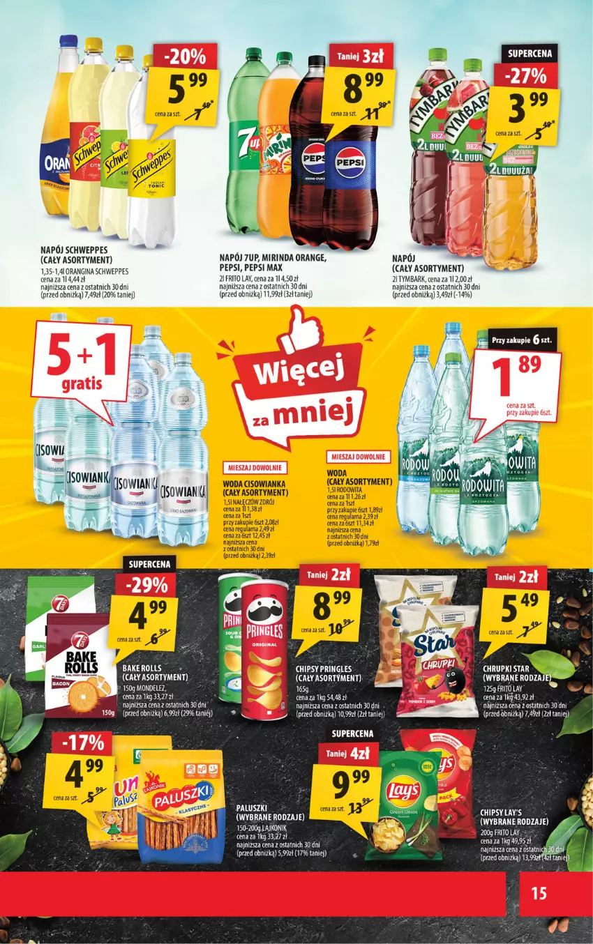 Gazetka promocyjna Arhelan - Gazetka - ważna 24.04 do 03.05.2026 - strona 15 - produkty: Chipsy, Cisowianka, Fa, Gin, Mirinda, Napój, Pepsi, Pepsi max, Pringles, Schweppes, Tymbark, Woda