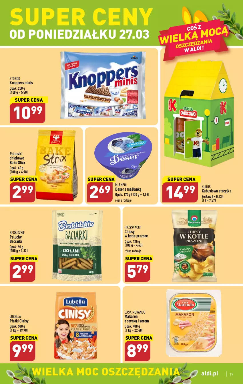 Gazetka promocyjna Aldi - Pełen katalog - ważna 27.03 do 02.04.2023 - strona 17 - produkty: Bell, Bella, Beskidzki, Chipsy, Chleb, Deser, Knoppers, Kubuś, Lubella, Makaron, Przysnacki, Ser