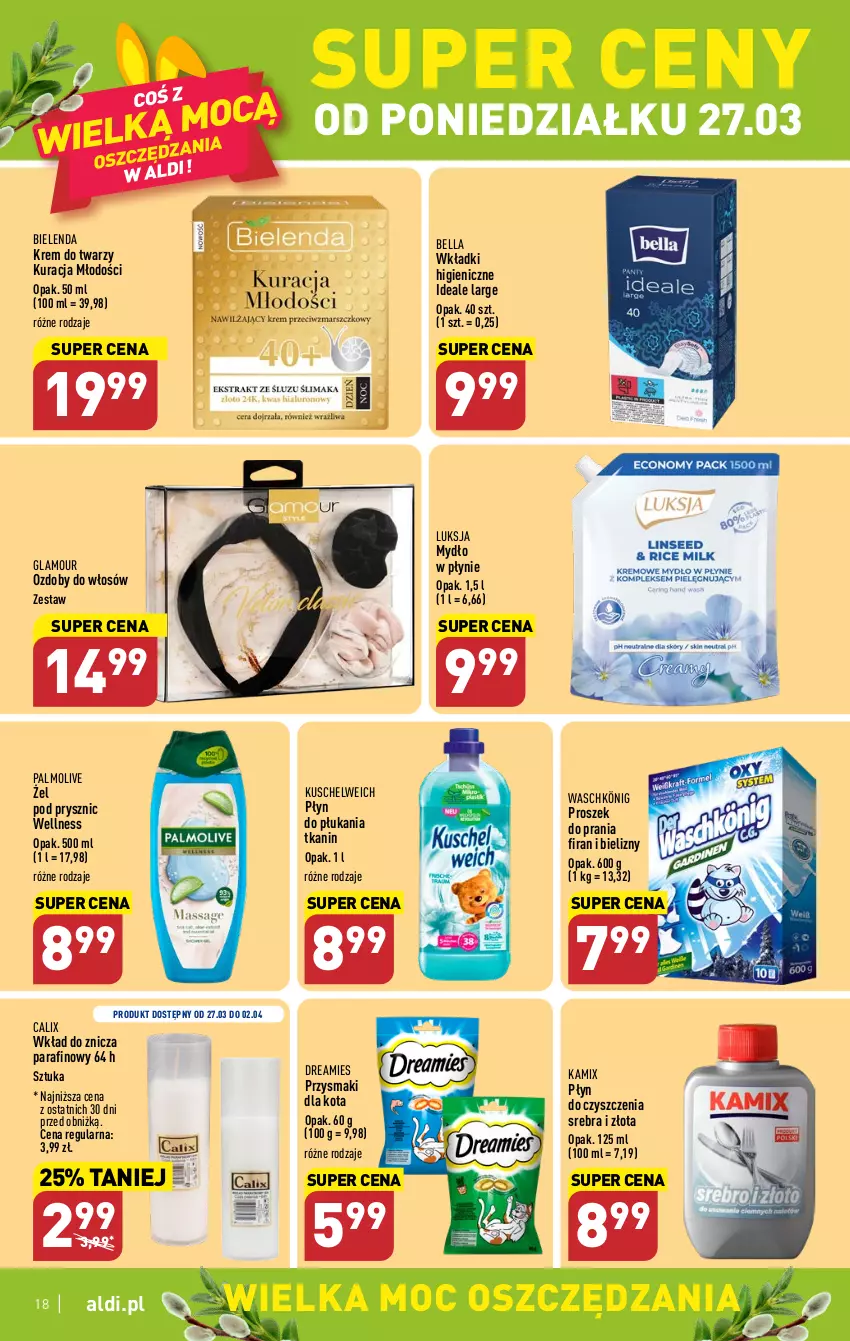 Gazetka promocyjna Aldi - Pełen katalog - ważna 27.03 do 02.04.2023 - strona 18 - produkty: Bell, Bella, Bielenda, König, Krem do twarzy, Luksja, Mydło, Mydło w płynie, Palmolive, Płyn do płukania, Proszek do prania, Przysmaki, Wkładki, Znicz