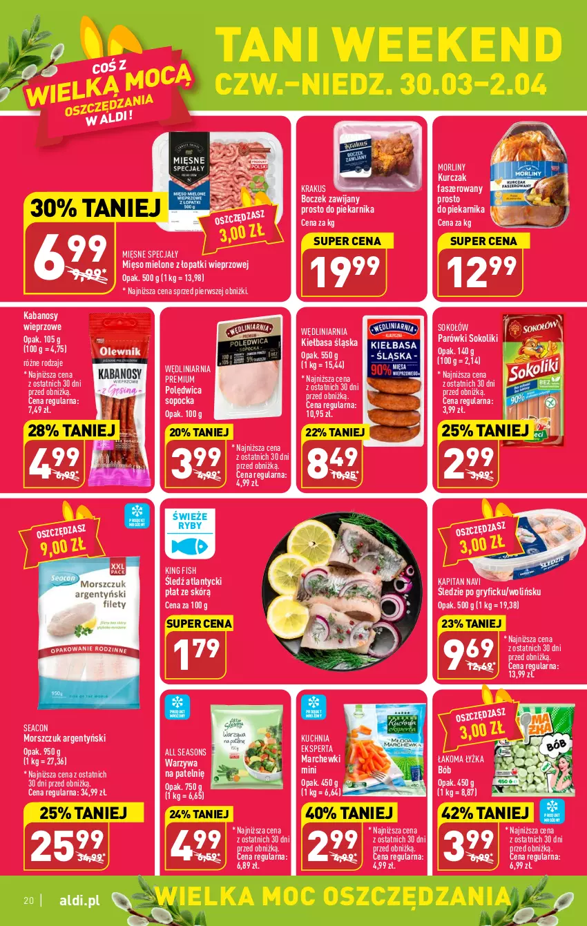 Gazetka promocyjna Aldi - Pełen katalog - ważna 27.03 do 02.04.2023 - strona 20 - produkty: All Seasons, Boczek, Fa, Gry, Kabanos, Kiełbasa, Kiełbasa śląska, Krakus, Kuchnia, Kurczak, Mięsne specjały, Mięso, Mięso mielone, Mięso mielone z łopatki wieprzowej, Morliny, Parówki, Parówki sokoliki, Piekarnik, Polędwica, Sok, Sokołów, Warzywa