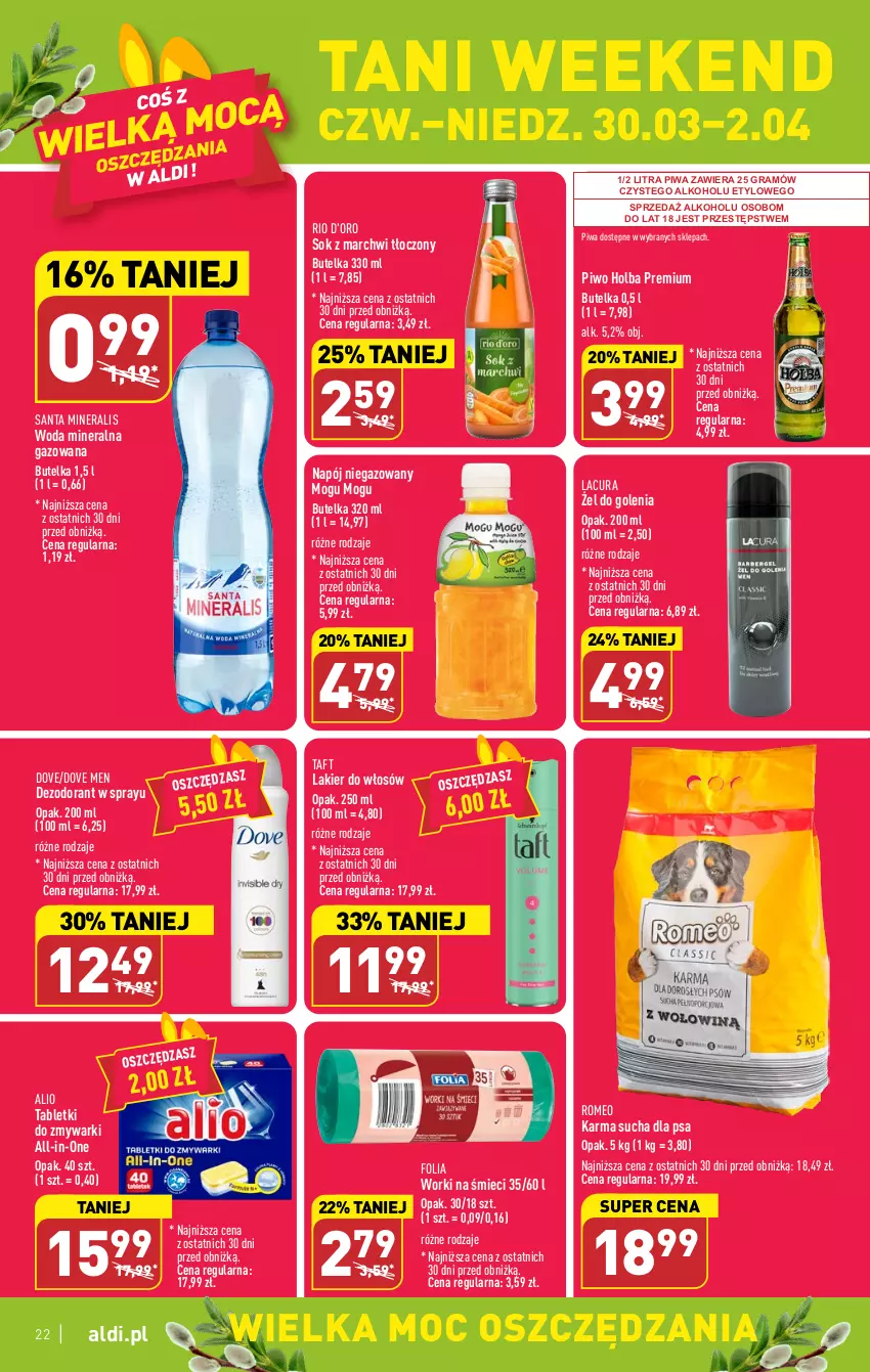 Gazetka promocyjna Aldi - Pełen katalog - ważna 27.03 do 02.04.2023 - strona 22 - produkty: Dezodorant, Dove, Gra, Lakier, Lakier do włosów, Napój, Napój niegazowany, Piwa, Piwo, Sok, Tablet, Tabletki do zmywarki, Taft, Woda, Woda mineralna, Worki na śmiec, Worki na śmieci, Zmywarki