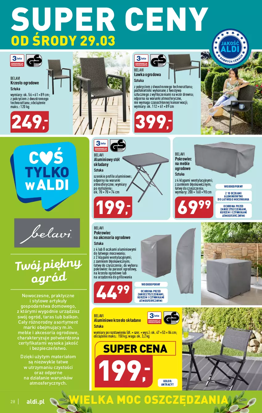 Gazetka promocyjna Aldi - Pełen katalog - ważna 27.03 do 02.04.2023 - strona 28 - produkty: Grill, Krzesło, Krzesło ogrodowe, Krzesło składane, Meble, Ogród, Parasol, Piec, Pokrowiec, Por, Ser, Sok, Stół, Waga