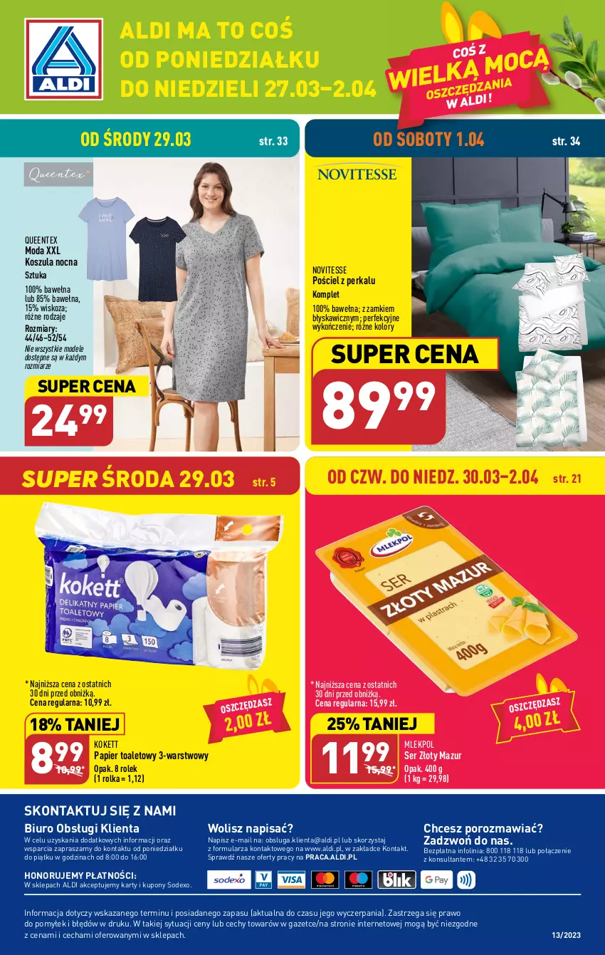 Gazetka promocyjna Aldi - Pełen katalog - ważna 27.03 do 02.04.2023 - strona 40 - produkty: Biuro, Kosz, Koszula, Koszula nocna, Moda, O nas, Papier, Papier toaletowy, Por, Pościel, Queentex, Ser, Wełna, Złoty Mazur