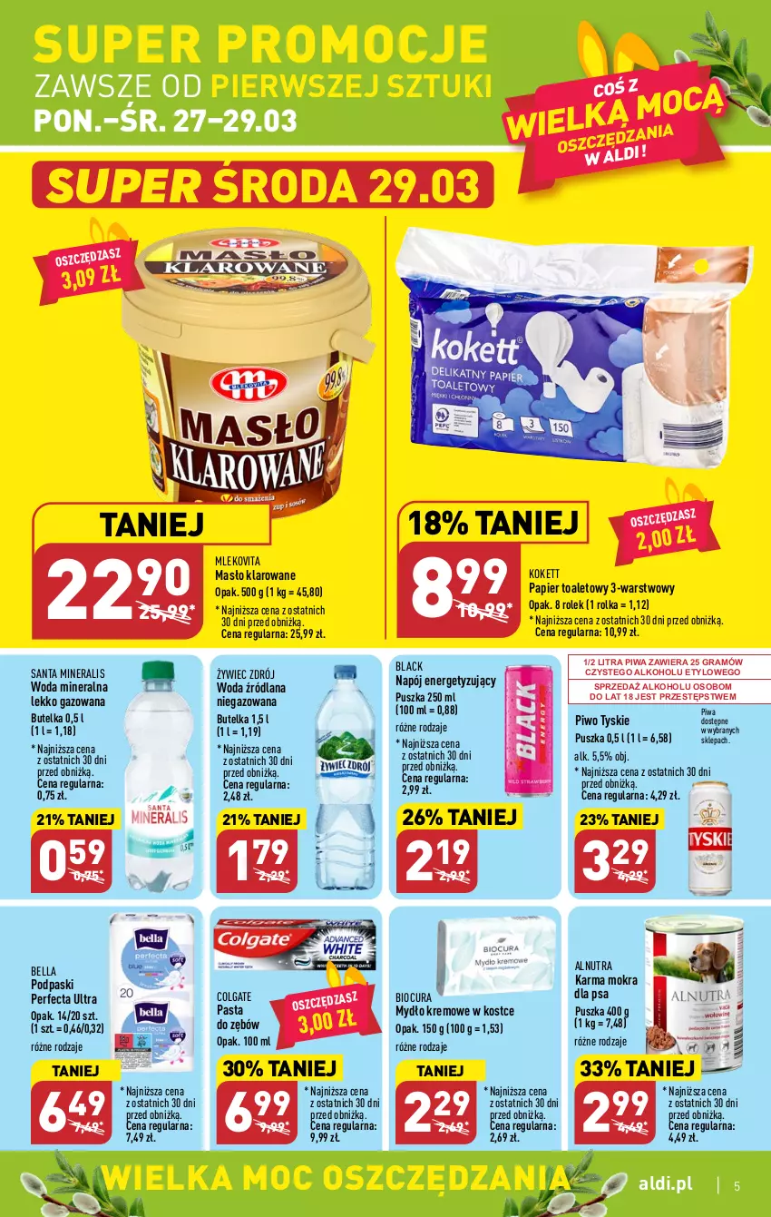 Gazetka promocyjna Aldi - Pełen katalog - ważna 27.03 do 02.04.2023 - strona 5 - produkty: Bell, Bella, Colgate, Gra, Lack, LANA, LG, Masło, Masło klarowane, Mleko, Mlekovita, Mydło, Napój, Papier, Papier toaletowy, Pasta do zębów, Perfecta, Piwa, Piwo, Podpaski, Tyskie, Woda, Woda mineralna