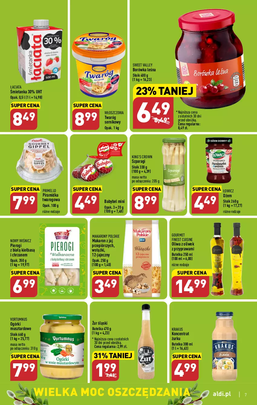 Gazetka promocyjna Aldi - Pełen katalog - ważna 27.03 do 02.04.2023 - strona 7 - produkty: Borówka, Chrzan, Dżem, Krakus, Makaron, Mus, Oliwa z oliwek, Pierogi, Ser, Twaróg