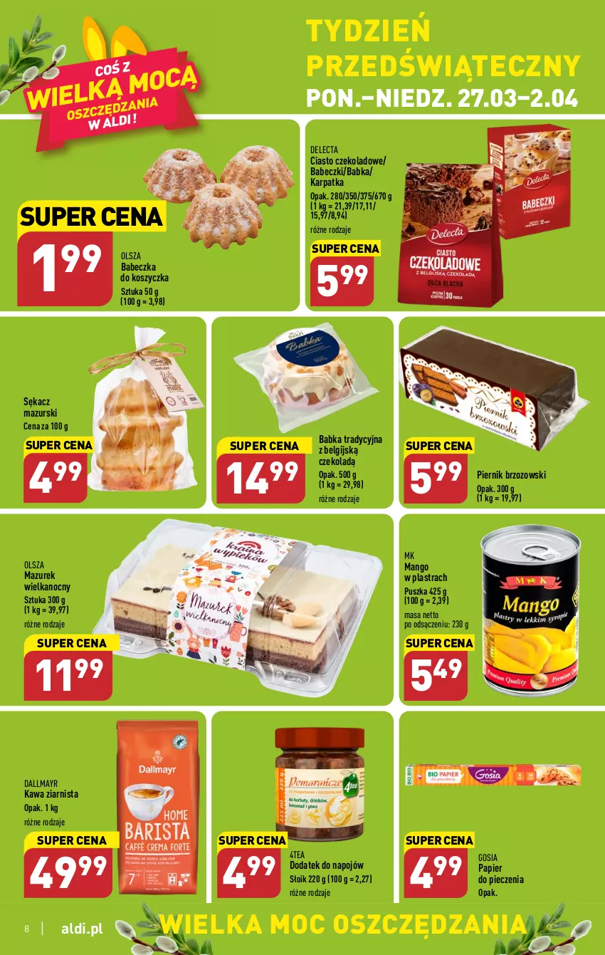 Gazetka promocyjna Aldi - Pełen katalog - ważna 27.03 do 02.04.2023 - strona 8 - produkty: Babeczki, Babka, Ciasto czekoladowe, Dallmayr, Delecta, Karp, Kawa, Kawa ziarnista, Kosz, LG, Mango, Papier, Papier do pieczenia, Piec, Piernik, Sękacz