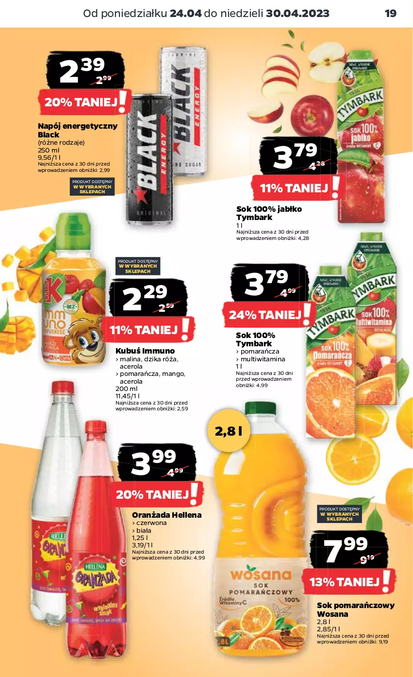 Gazetka promocyjna Netto - Artykuły spożywcze - ważna 24.04 do 30.04.2023 - strona 19 - produkty: Acer, Dzika róża, Hellena, Kubuś, Lack, Mango, Napój, Napój energetyczny, Oranżada, Róża, Sok, Sok pomarańczowy, Tymbark, Wosana