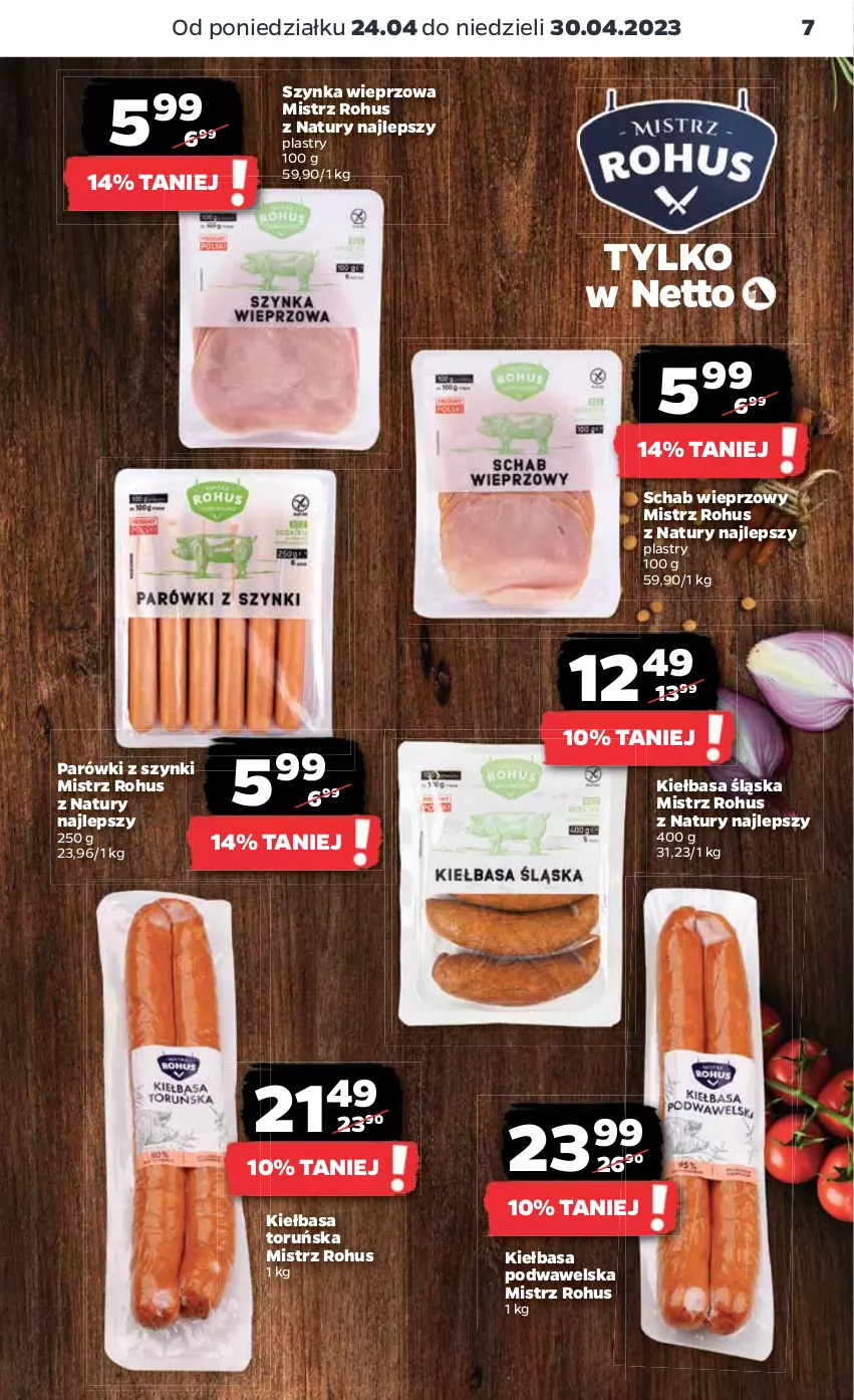 Gazetka promocyjna Netto - Artykuły spożywcze - ważna 24.04 do 30.04.2023 - strona 7 - produkty: Kiełbasa, Kiełbasa podwawelska, Kiełbasa śląska, Parówki, Parówki z szynki, Schab wieprzowy, Szynka, Szynka wieprzowa, Wawel