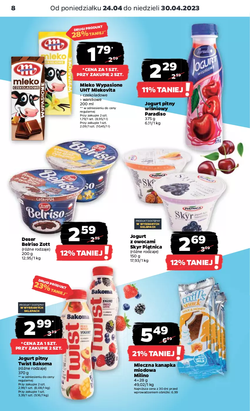 Gazetka promocyjna Netto - Artykuły spożywcze - ważna 24.04 do 30.04.2023 - strona 8 - produkty: Bakoma, Belriso, Deser, Jogurt, Jogurt pitny, Mleczna kanapka, Mleko, Mlekovita, Piątnica, Ser, Zott