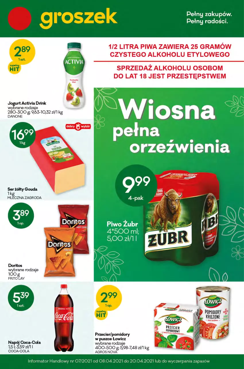 Gazetka promocyjna Groszek - Gazetka - ważna 08.04 do 20.04.2021 - strona 1 - produkty: Activia, Coca-Cola, Gouda, Gra, Jogurt, Kiwi, Napój, Piwa, Piwo, Pomidory, Ser