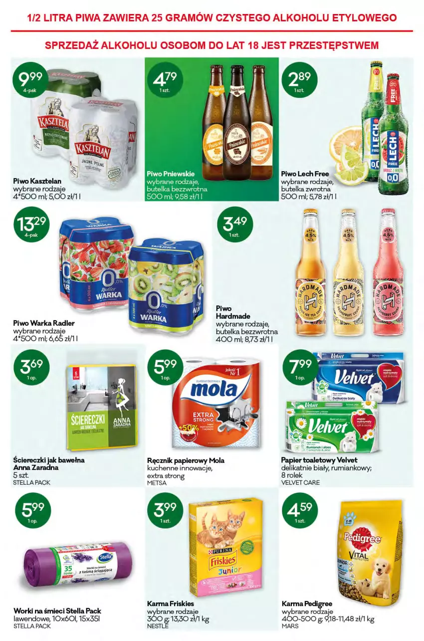 Gazetka promocyjna Groszek - Gazetka - ważna 08.04 do 20.04.2021 - strona 11 - produkty: Friskies, Kasztelan, Mars, Mola, Papier, Papier toaletowy, Piwo, Radler, Ręcznik, Rum, Velvet, Warka, Wełna, Worki na śmiec, Worki na śmieci