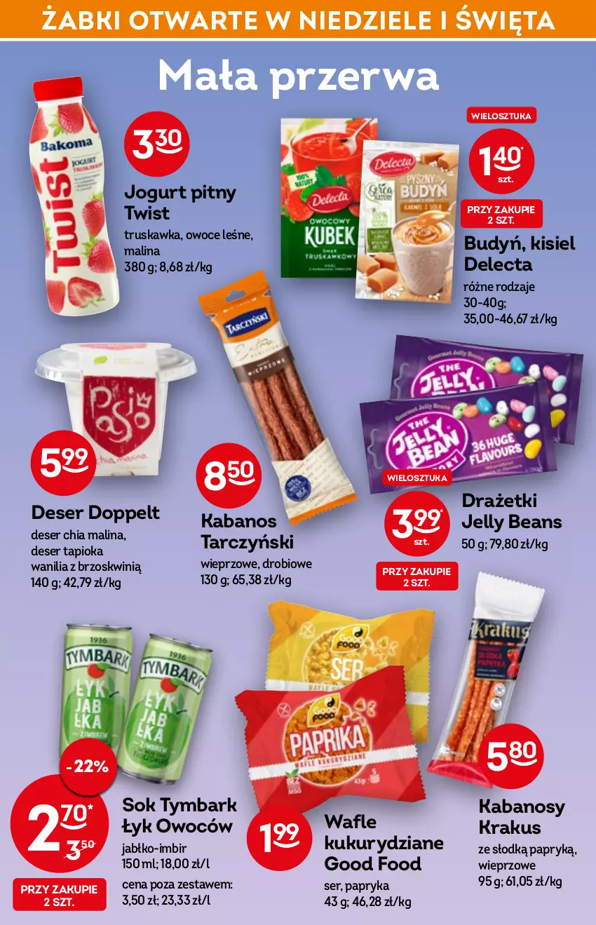 Gazetka promocyjna Żabka - ważna 13.04 do 19.04.2022 - strona 34 - produkty: Budyń, Chia, Delecta, Deser, Imbir, Jelly beans, Jogurt, Jogurt pitny, Kabanos, Kisiel, Krakus, Owoce, Papryka, Ser, Sok, Tarczyński, Tymbark, Wafle