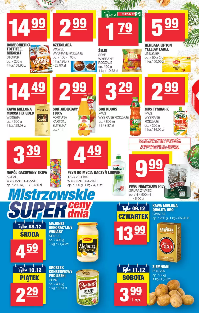 Gazetka promocyjna Spar - SparExpress - ważna 28.11 do 08.12.2021 - strona 3 - produkty: Czekolada, Do mycia naczyń, Fa, Fortuna, Groszek, Herbata, Kawa, Kawa mielona, Kubuś, Lipton, Ludwik, Mocca Fix Gold, Mus, Namysłów, Napój, Napój gazowany, Piwo, Płyn do mycia, Płyn do mycia naczyń, Sok, Sok jabłkowy, Surf, Toffifee, Tymbark, Wawel, Woseba