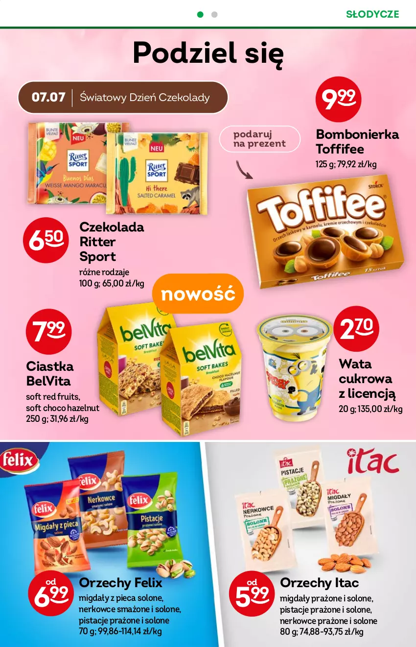 Gazetka promocyjna Żabka - ważna 13.07 do 19.07.2022 - strona 34 - produkty: BelVita, Ciastka, Czekolada, Felix, Migdały, Piec, Pistacje, Por, Ritter Sport, Sport, Toffifee, Wata cukrowa