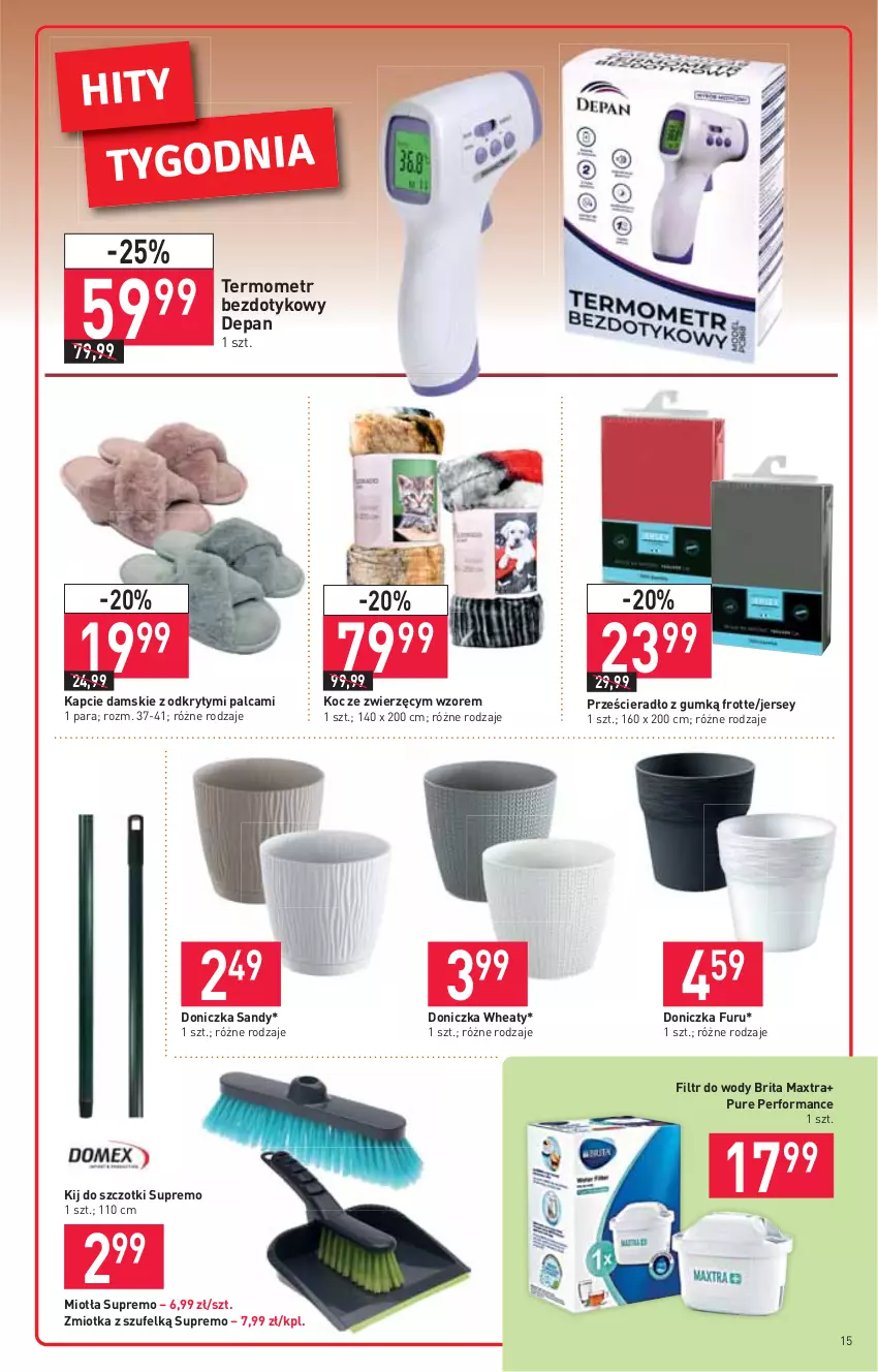 Gazetka promocyjna Stokrotka - Supermarket - ważna 23.09 do 29.09.2021 - strona 15 - produkty: Brit, Brita, Brita Maxtra, Kapcie, Koc, Miotła, Prześcieradło, Pur, Termometr