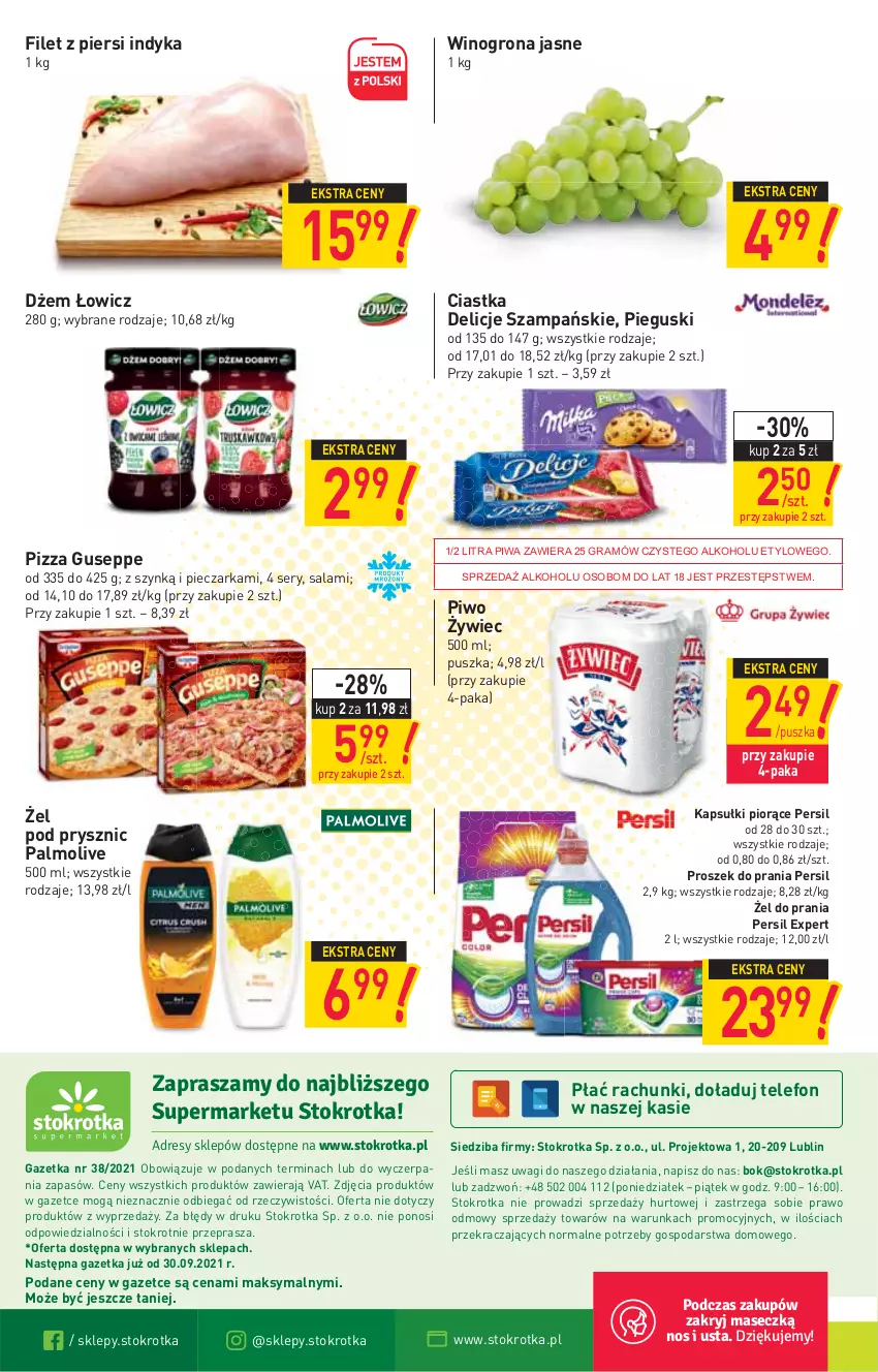 Gazetka promocyjna Stokrotka - Supermarket - ważna 23.09 do 29.09.2021 - strona 16 - produkty: Ciastka, Delicje, Dżem, Filet z piersi indyka, Gra, O nas, Palmolive, Persil, Piec, Pieczarka, Piwa, Piwo, Pizza, Proszek do prania, Salami, Ser, Telefon, Wagi, Wino, Winogrona