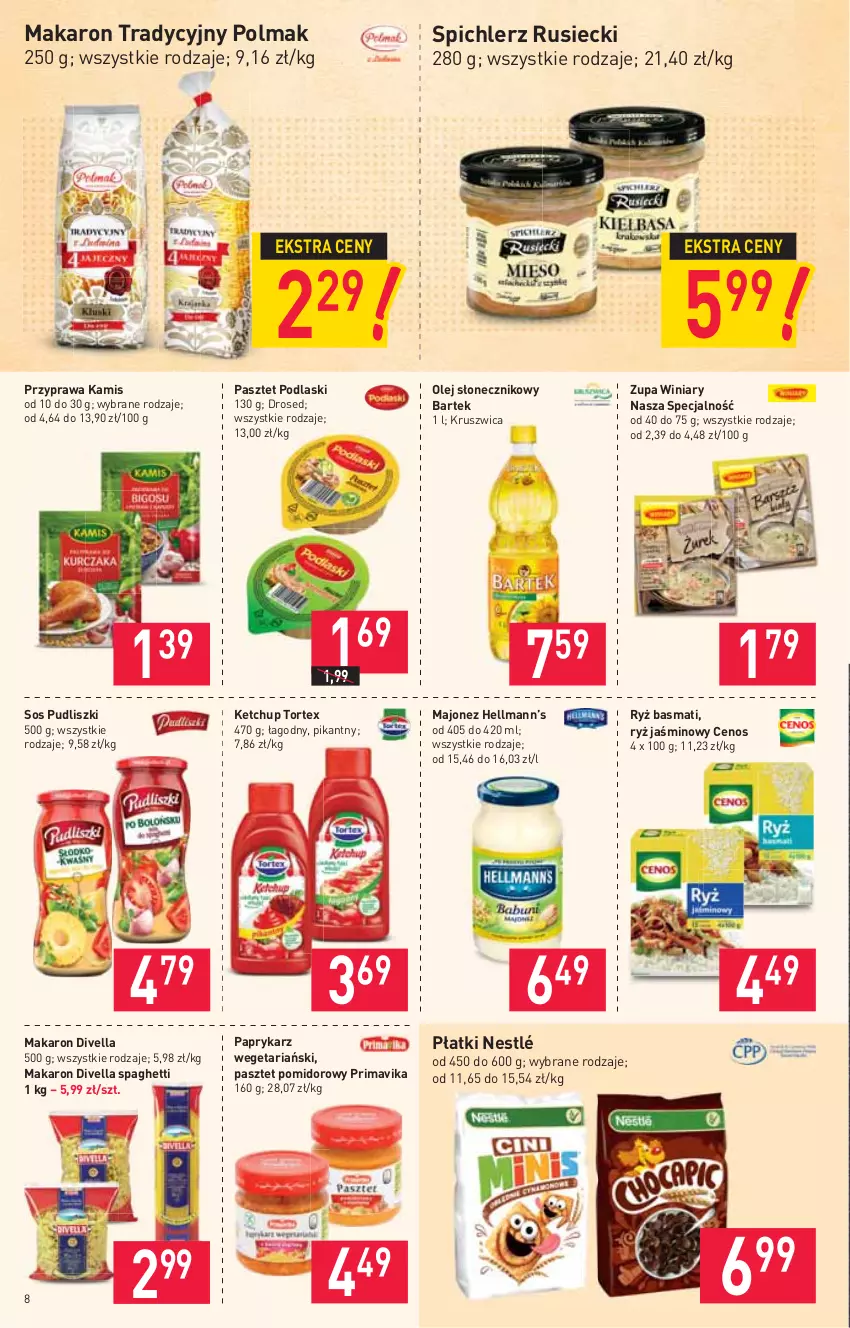 Gazetka promocyjna Stokrotka - Supermarket - ważna 23.09 do 29.09.2021 - strona 8 - produkty: Bartek, Cenos, Hellmann’s, Kamis, Ketchup, Majonez, Makaron, Nestlé, Olej, Olej słonecznikowy, Olma, Papryka, Paprykarz, Pasztet, Podlaski, Prima, Primavika, Pudliszki, Ryż, Ryż basmati, Sos, Spaghetti, Spichlerz Rusiecki, Winiary, Zupa