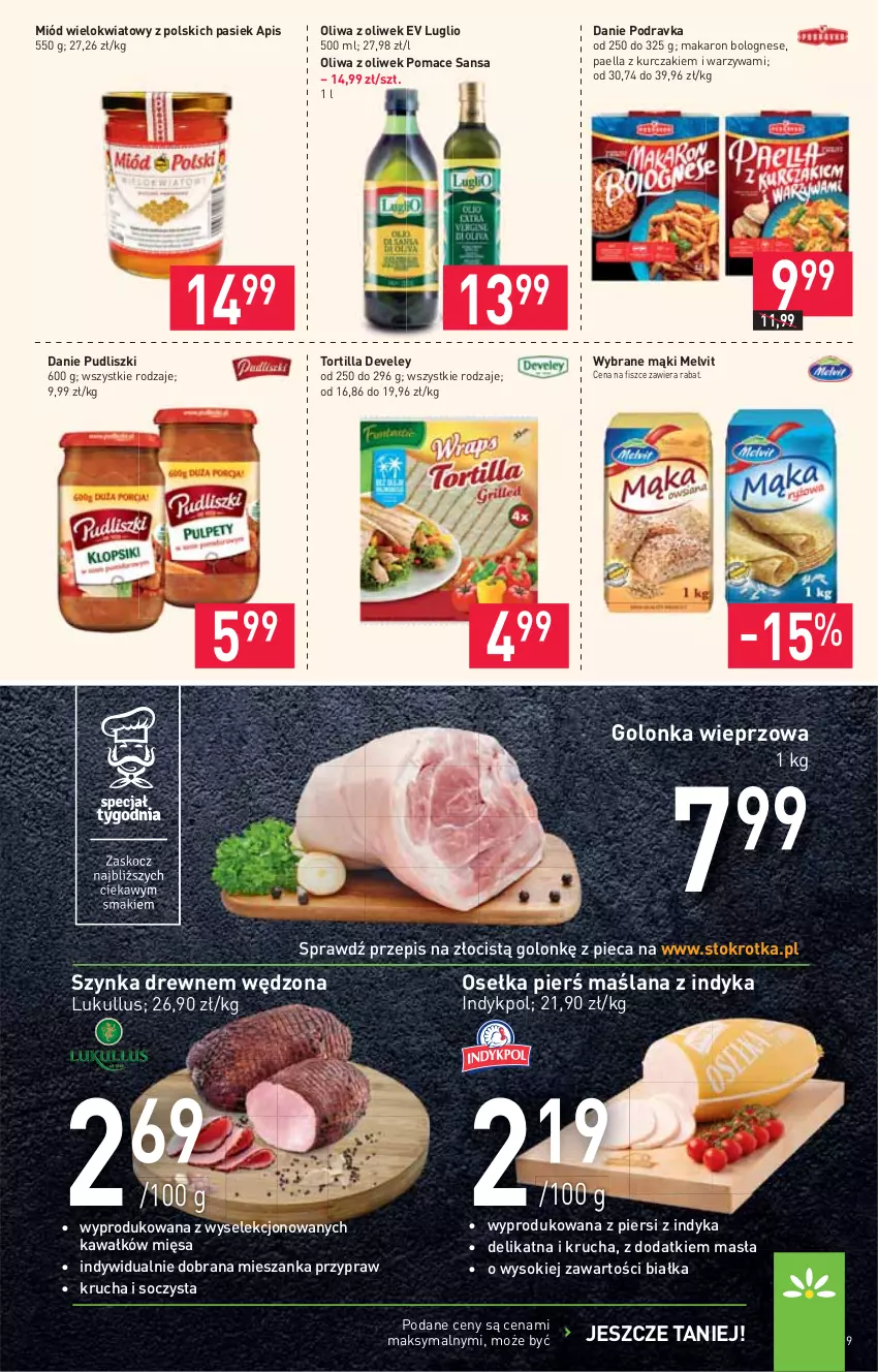 Gazetka promocyjna Stokrotka - Supermarket - ważna 23.09 do 29.09.2021 - strona 9 - produkty: Golonka wieprzowa, Kawa, Kurczak, LANA, Makaron, Melvit, Miód, Oliwa z oliwek, Piec, Podravka, Pudliszki, Sok, Szynka, Tortilla, Warzywa